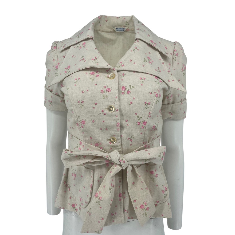 Vintage 70s Floral Safari Shacket Dagger Pointed Collar USA Union Made XS S